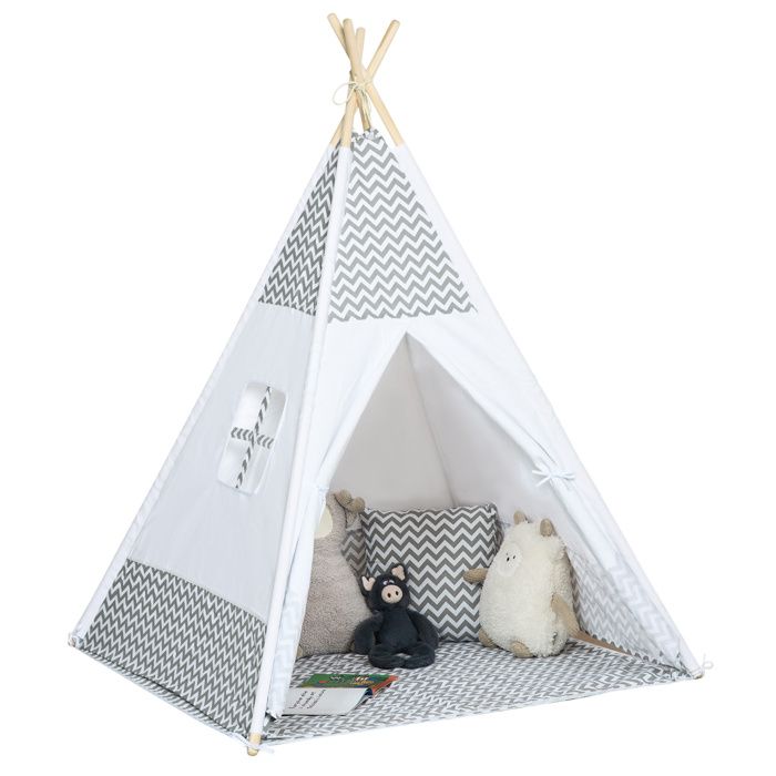Tente teepee indien enfant style graphique - dim. 1,2L x 1,2I x 1,55H m - porte refermable, fenêtre, tapis, coussin, sac transport