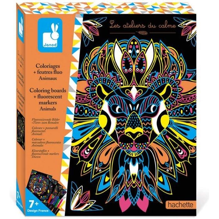 Kit Créatif - Coloriages + Feutres Fluo Animaux - Les Ateliers du Calme - Dès 7 ans