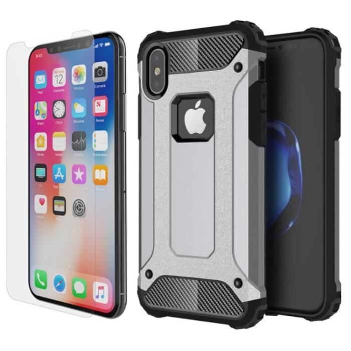 Coque Antichoc iPhone X Argent + Verre trempé
