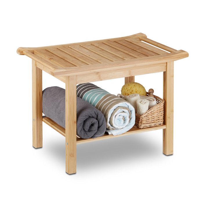 Relaxdays Tabouret de salle de bain en bambou banc nature bois compartiment meuble HxlxP: 45 x 66 x 40 cm, nature