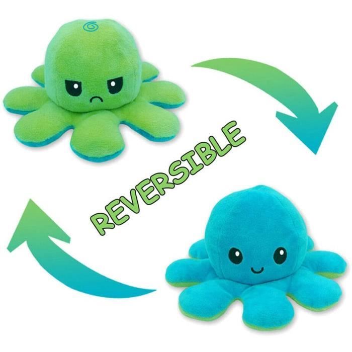 Poupée Mignonne Poulpe Double Face Flip Octopus en Peluche, poupée d'animaux en Peluche réversible Douce Poulpe (Green+blue,1Pcs)