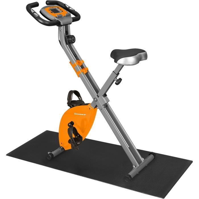 SONGMICS Vélo d'appartement pliable X-Bike, 8 Niveaux de Résistance Magnétique, Tapis de Sol, Capacité 100 kg, Orange SXB11OG