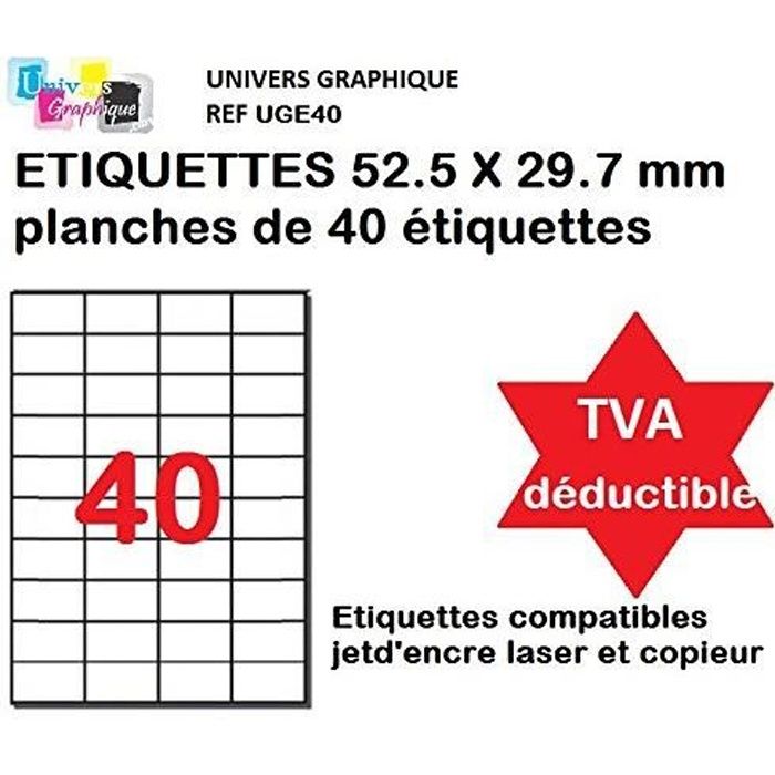 800 Etiquettes autocollantes 52,5 x 29,7 mm soit 20 Feuilles A4 de 40 étiquettes multi-usage 52,5x29,7 mm compatible jet d’encre, la