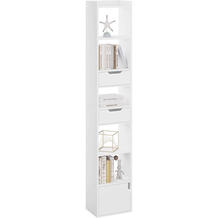 WOLTU Bibliothèque Étagère Étroite et Haute avec 6 Compartiments 2 Tiroirs et 1 Porte en Bois Composé Blanc W0ATT0328