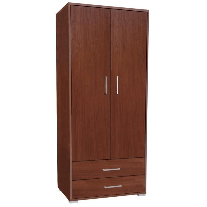 Armoire en bois avec 2 portes 2 tiroirs et porte-manteau interne en merisier noix