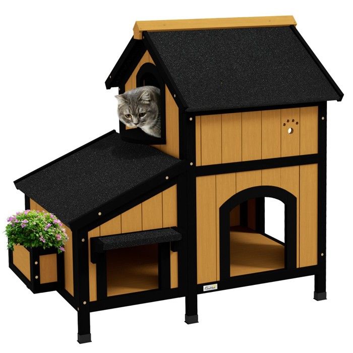 Comparer les prix de Niche Maison Pour Chat En Bois De Sapin 2 Niveaux + Jardinière Toit Asphalte Résistant Hiver Jaune 96x65x85.5cm