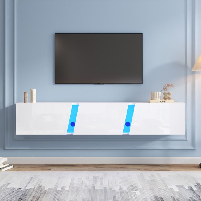 Meuble TV mural 180x35x30 cm - haute brillance - avec 3 portes - avec LED - blanc Meuble TV mural 180x35x30 cm - haute brillance - avec 3 portes - avec LED - blanc