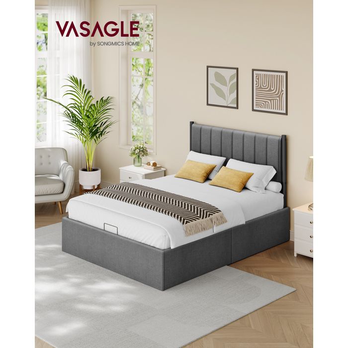 Structure de Lit - VASAGLE - 140x190 cm - Sommier Relevable - Rangement - Gris Foncé