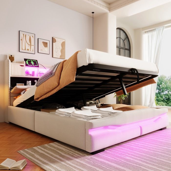 Lit coffre double 140x200cm Lit adulte rembourré en Lin avec Lumière LED ports USB et rangement - beige