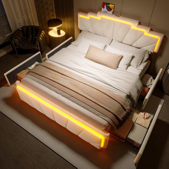 Lit king size 140 x 200 cm avec 4 tiroirs bande lumineuse LED 2 réglages en hauteur port usb-c sans matelas
