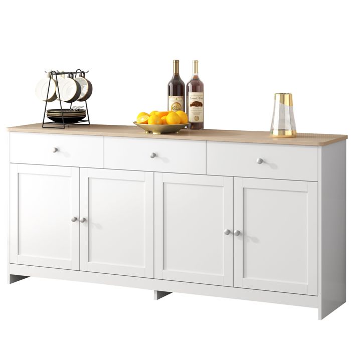 Buffet en bois blanc veiné quatre portes avec trois tiroirs salon salle à manger. Couleur bois et blanc