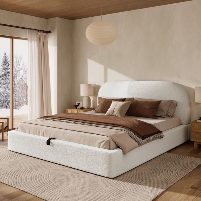 Lit coffre rembourré 180x200 cm - MODERNLUXE - Tête de lit rembourrée - Grand espace de rangement - Tissu bouclé - Beige Lit coffre rembourré 180x200 cm - MODERNLUXE - Tête de lit rembourrée - Grand espace de rangement - Tissu bouclé - Beige