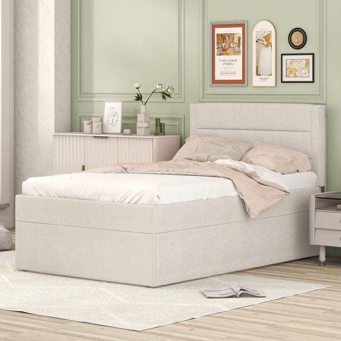 Lit coffre - PDZZZD - 90x200cm - Lin beige - Sommier inclus - Lit enfant