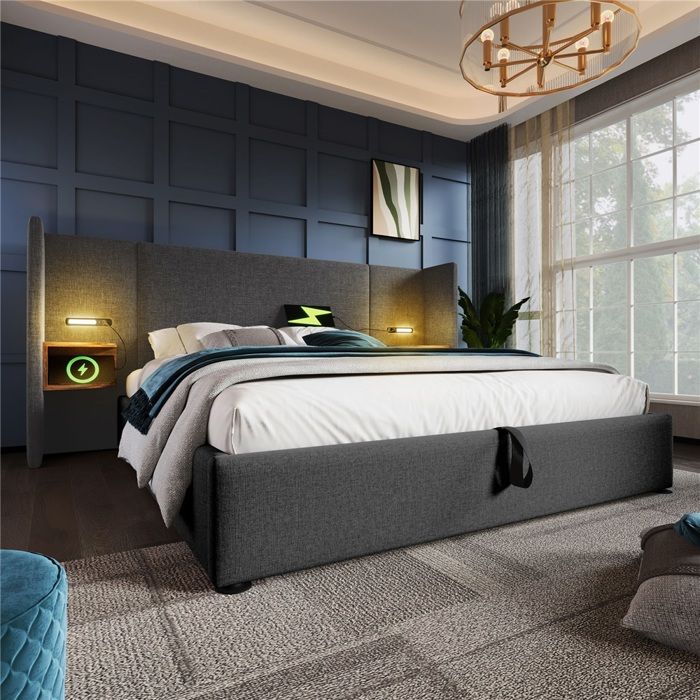 Lit Double Design 180x200cm Gris Lin-Table Chevet Intégrée Lampe USB-C-Base Lattes Bois Métal Stable-Sans Matelas