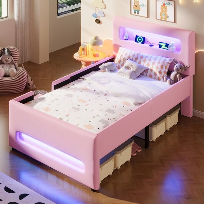 Lit rembourré 90x200cm- lit enfant avec escalier- tiroirs lit simple avec LED et poches de rangement- sommier à lattes-PU-Rose