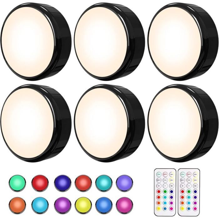 Lot de 6 éclairages LED sous meuble à intensité variable - LED pour cuisine - LED Multicolore à piles - Éclairage de vitrine avec t