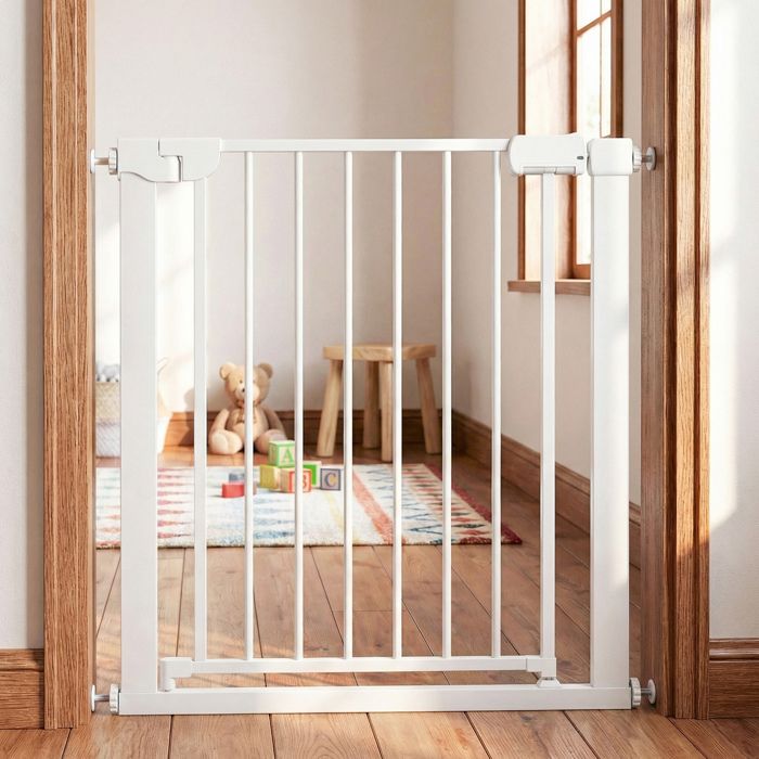 Barrière de Sécurité Bébé Extensible Large 75-82cm COSTWAY-Double Verrouillage-Fermeture Automatique-par Pression sans Percer-Blanc
