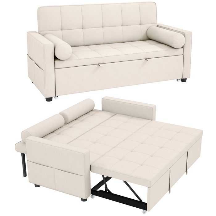 Canapé convertible 2 places - HOMCOM - 3 en 1 - lit gigogne double et dossier réglable - tissu aspect lin - 805x1375x84cm - beige