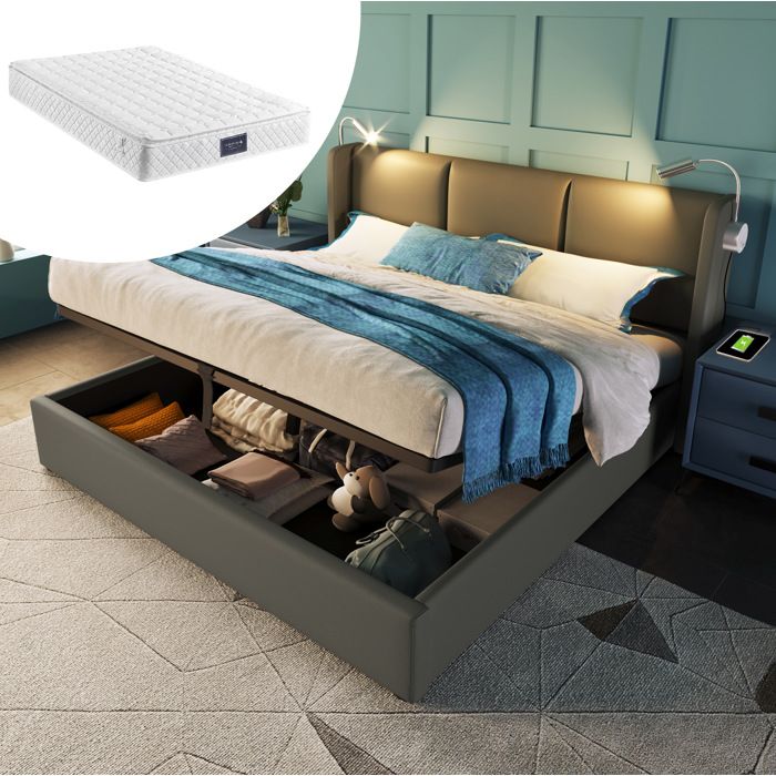 Lit double gris 140×200 cm avec matelas sommier inclus rangement relevable liseuse USB