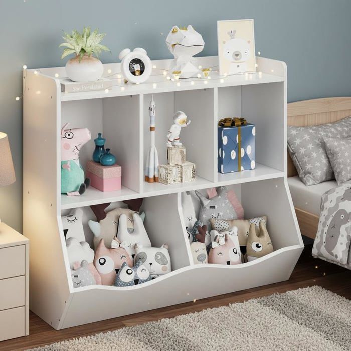 Étagère de rangement pour enfants - LUNSY - 91 5x39x80 cm - Blanc - Panneaux arrondis - Rangement anti-chute