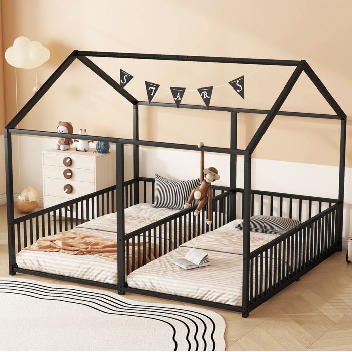 Lit superposé enfant en métal noir 90 × 200 cm avec barrières et échelle