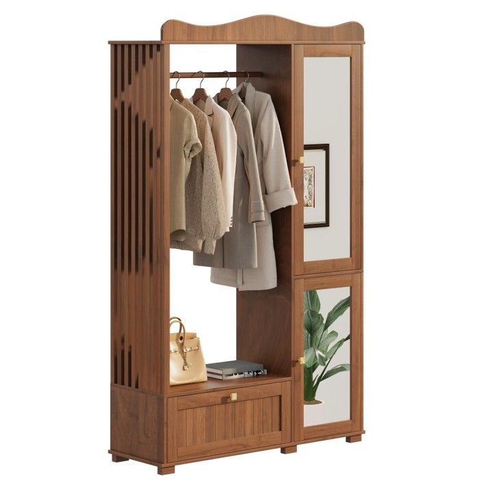 Armoire Chambre Noyer Avec Miroir Penderie Ouverte Tiroir Et 2 Portes Pour Chambre Et Entrée 115.5x38.5x194.5cm Armoire Chambre Noyer Avec Miroir Penderie Ouverte Tiroir Et 2 Portes Pour Chambre Et Entrée 115.5x38.5x194.5cm