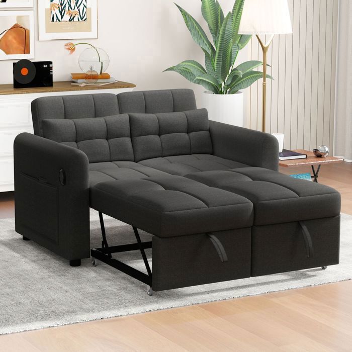 Canapé convertible - SOGEU - 3-en-1 - 142x85x83 cm - Dossier réglable 3 positions - Ports USB & poches