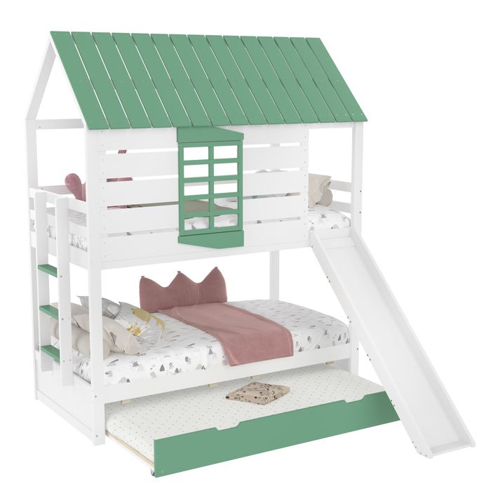 VLIVRA Lit superposé 3 places - cabane avec toboggan et lit gigogne - 90×200 cm - enfant - sans matelas - blanc et vert