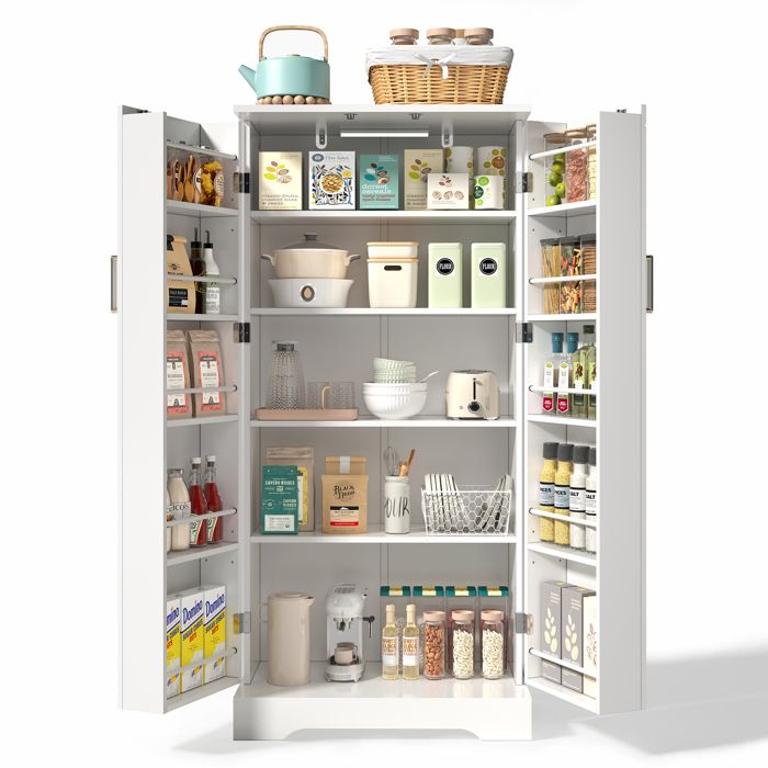 Buffet haut CuisineArmoires de Cuisine avec éclairage LED 5 niveaux10 étagères de porteMontage facile60×35×128cmBlanc