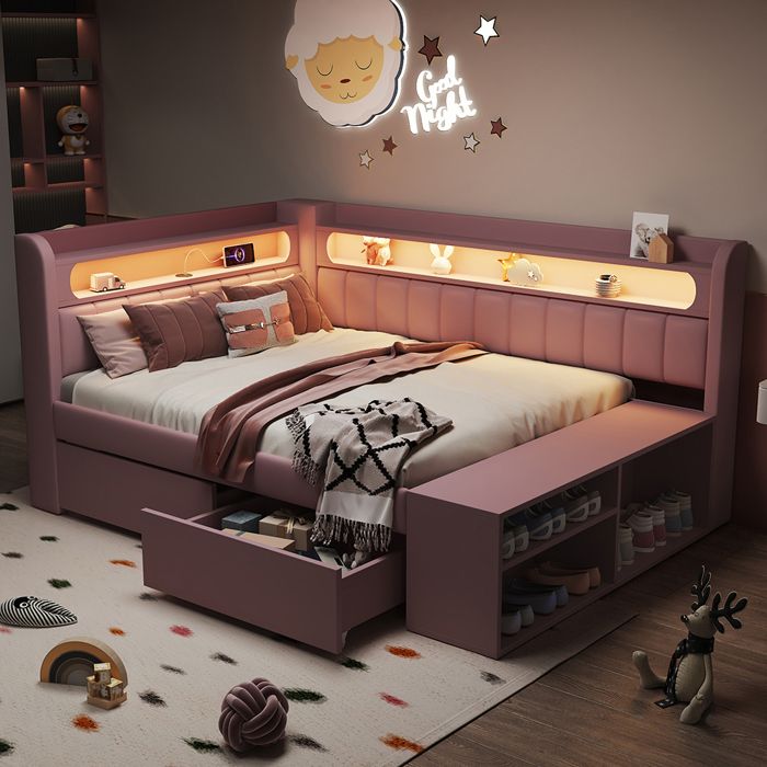 Canapé-lit rembourré 90 x 200 cm avec port USB et LED Comprenant un meuble à chaussures et deux tiroirs Tissu lin Rose