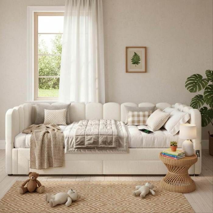 ULEVR lit de jour rembourre extensible 90 x 200/180 x 200 cm en lin beige avec 2 tiroirs USB et Type-C