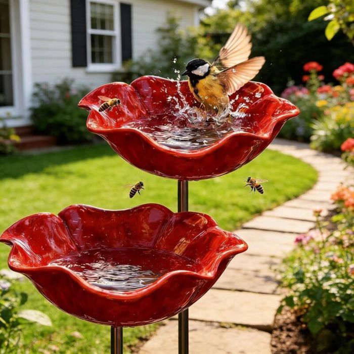 Abreuvoir à oiseaux en métal à motif floral piquet de jardin artisanal résistant à lhiver pour oiseaux et insectes