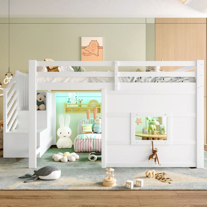 Lit Mezzanine Enfant 140x200cm Escalier de Rangement Fenêtre LED Multicolores Barrières Continues Structure en Bois Blanc
