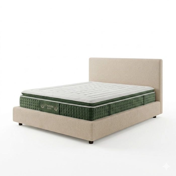 Ensemble lit coffre - SAMPUR - 160x200 - Tissu bouclette - Matelas hôtelier 33 cm - Tête de lit avec coffre Ensemble lit coffre - SAMPUR - 160x200 - Tissu bouclette - Matelas hôtelier 33 cm - Tête de lit avec coffre