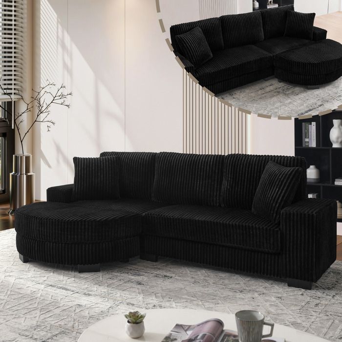 Canapé dangle modulable - Design en L avec pouf ovale - Dimensions 256.5x133.5x89 cm - Velours côtelé doux et résistant