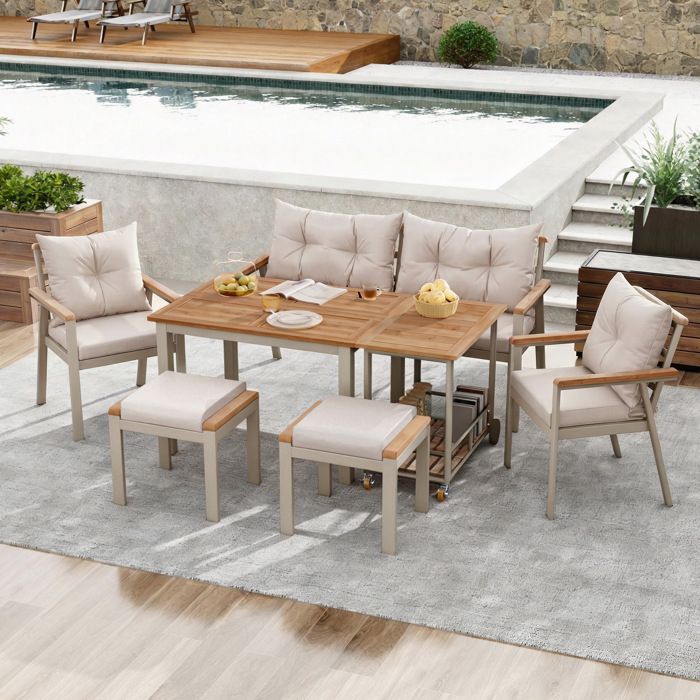 COVREO salon de jardin repas 6 à 7 places en bois dacacia avec desserte amovible à roulettes beige et naturel