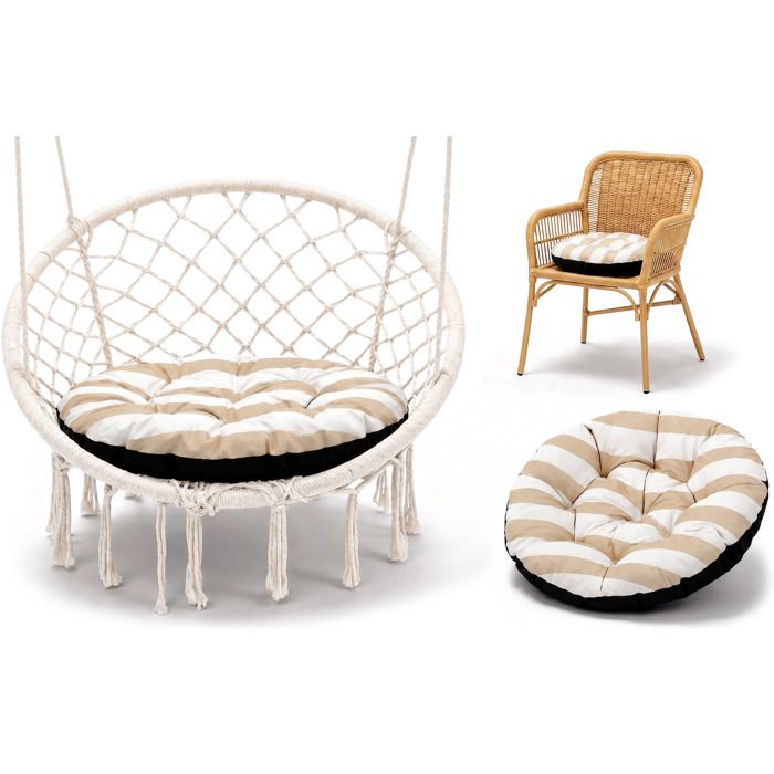 Galette de Chaise Ronde 60 cm – pour Chaise de Jardin & Balancelle - assise rembourrée pour Balcon Jardin Rayures blanc et beige