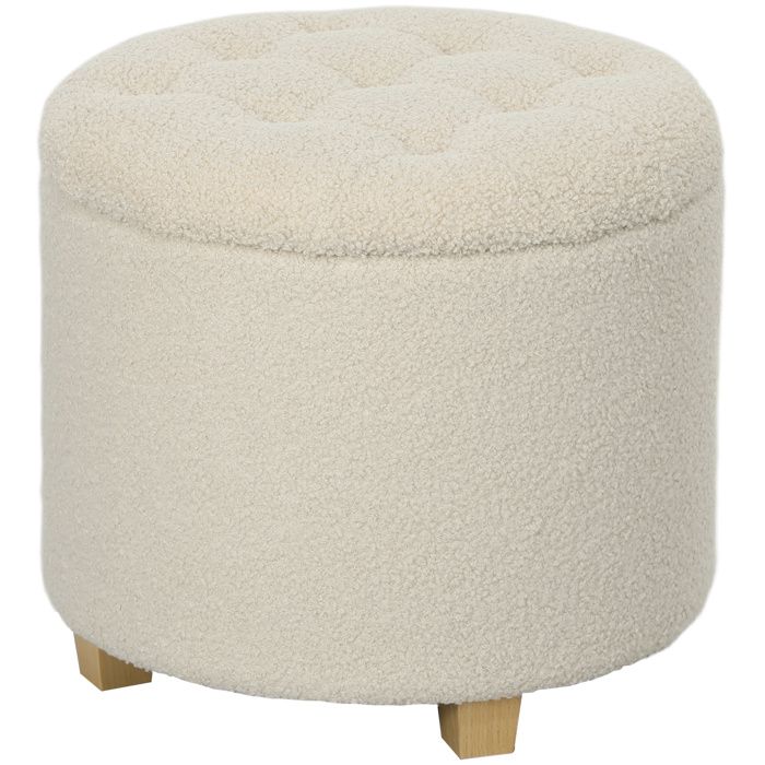 WOVREO Tabouret de rangement rond Ø45 x H41 cm avec couvercle polyester crème blanc pieds en pin massif