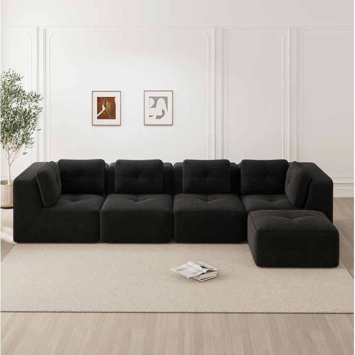 ROVRYN Canapé d’angle modulable 4 places noir en velours côtelé assise profonde 74 cm sans montage