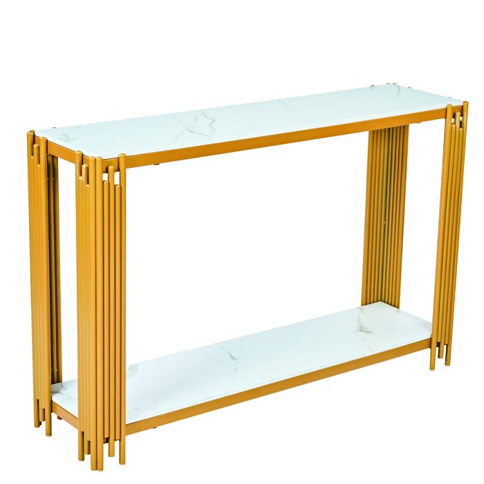 Table console moderne - Aspect marbre blanc - Structure en métal doré - 2 étagères de rangement