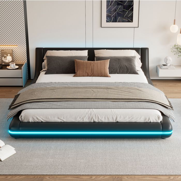 Lit plateforme lit au sol 2 places 160×200 cm LED dambiance PU et MDF - LPOSPI - sans matelas noir