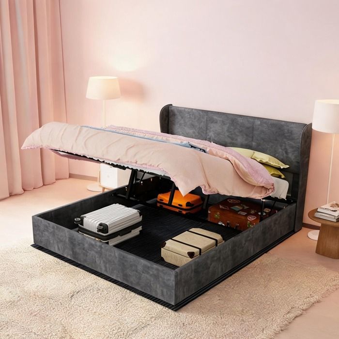Sommier coffre 160x200 cm avec mécanisme vérin revêtement tissu gris neutre design minimaliste moderne