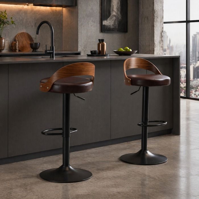 Lot de 2 Tabourets de bar pivotants 360° et hauteur réglable - BEAUNIV - dossier effet noyer repose-pieds PU marron