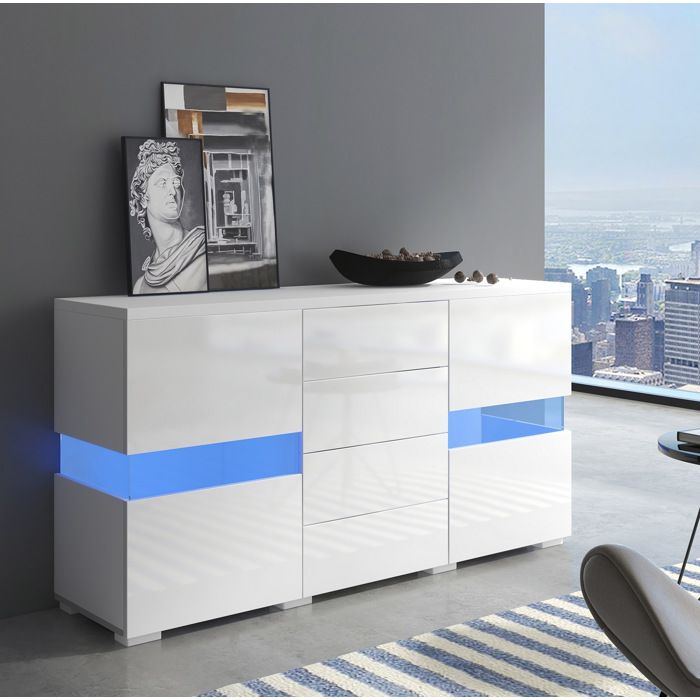 Buffet bas blanc haute brillance LED 140 cm 2 portes acrylique transparent 4 tiroirs MDF salon TYNQER