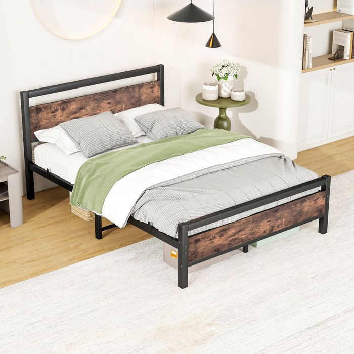 Cadre de lit marron et noir 140 x 190 cm sommier à lattes rangement sous lit style industriel métal MDF