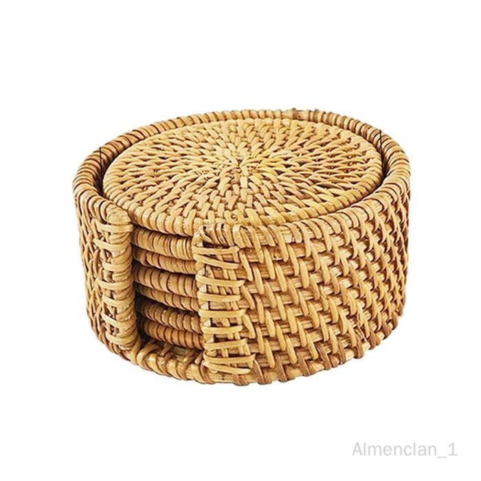 Ensemble 6 Dessous De Verre Rotin Avec Support - Sous Verres Ronds Naturels