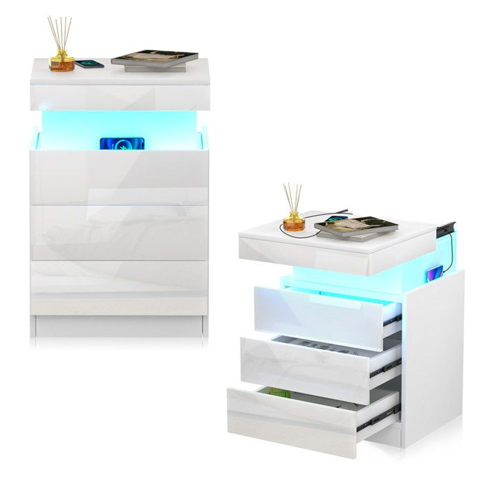 Lot de 2 Table de Chevet Blanc- VIVOLILV - Chevet de Lit 3 Tiroirs et Armoires Coulissantes Cachées - Prise et USB/LED