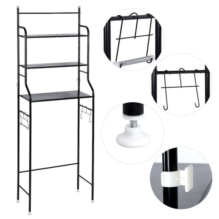 Meuble de Rangement dessus WC Noir en Inox Avec 3 Niveaux Plateaux L. 55 x l. 26 x H. 165 cm - OUI