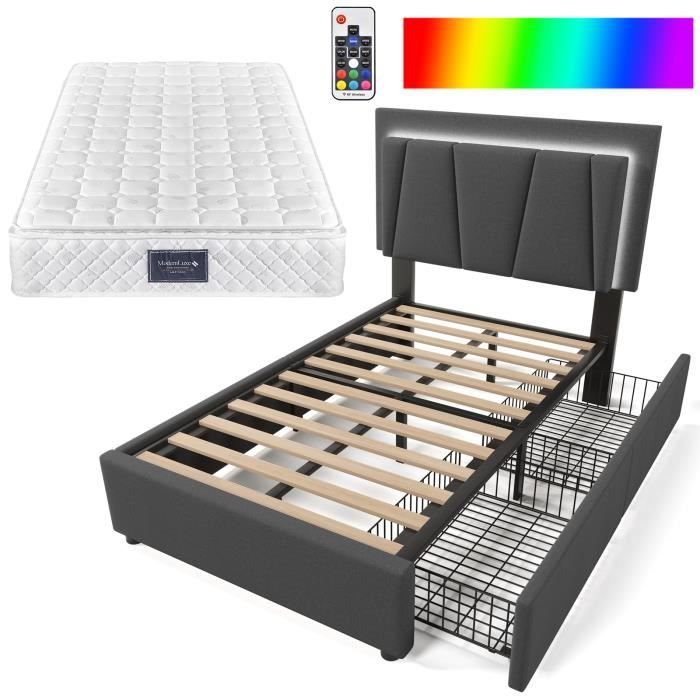 Canapé-lit 1 Personne 90x200 Cm Avec Tiroirs - Éclairage LED Et Ports USB - Rembourré En Lin Gris - Capacité 150 Kg