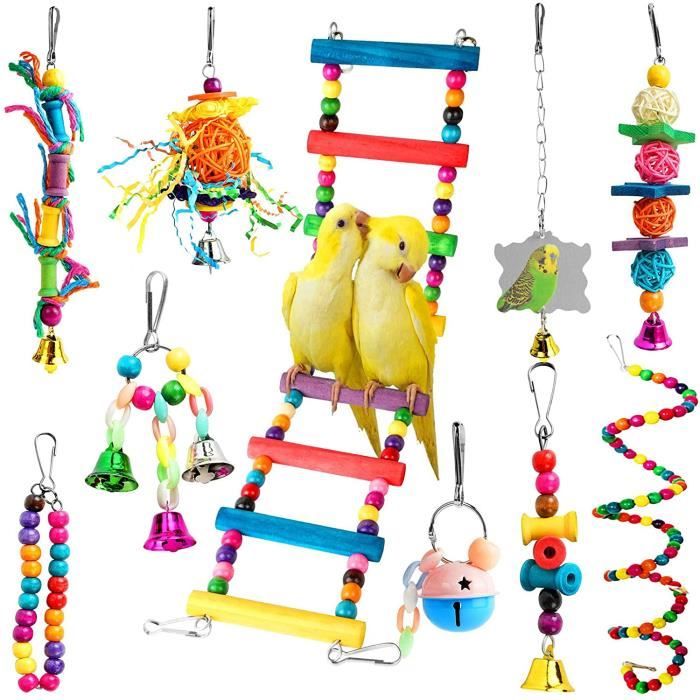Qukaim Lot De 5 Jouets à Mâcher Pour Perroquet, Accories De Meulage Des Dents Avec Anneau De Cloche, Jouets Pour Cage à Mâcher Et Jouer, Multicolore, Convient Pour Les Petits Oiseaux